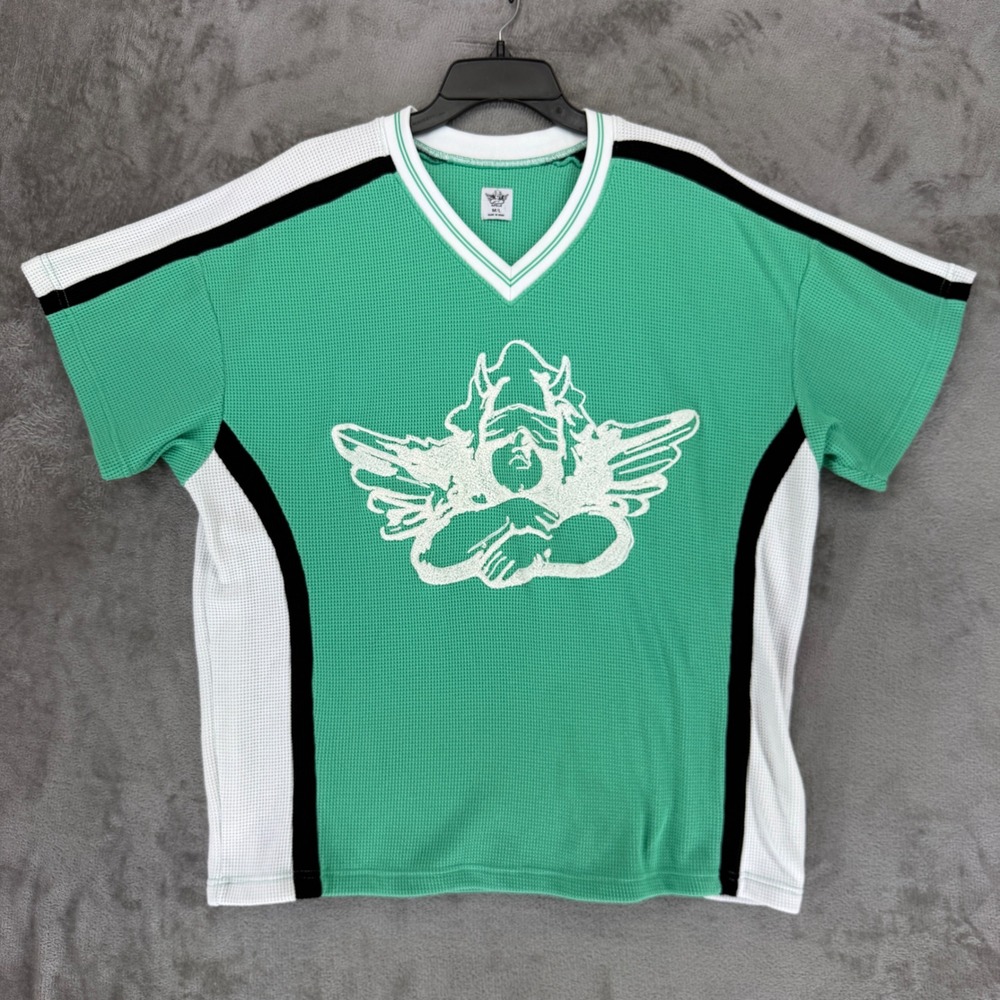 Boys Lie Jersey Top Womens M/L Green Waffle Knit Angel Graphic V-Neck Sporty